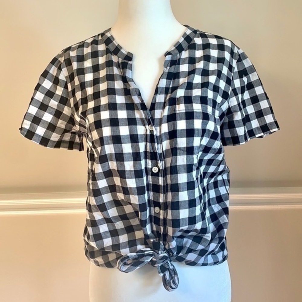 J.CREW Tie Front Button Up Plaid Gingham Blouse XS
